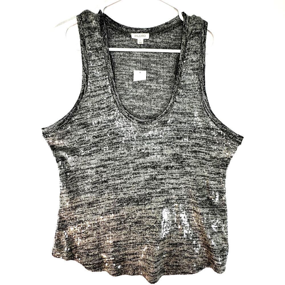 Pilcro Anthropologie Sequin Metallic Sweater Tank Top Gray Silver Large NWT